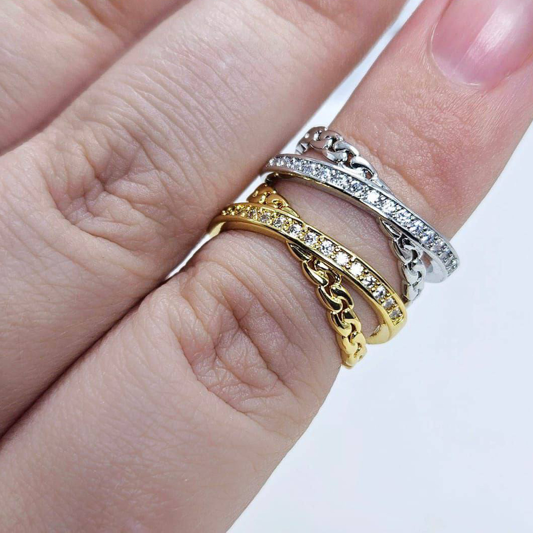 Кольцо безразмерное с фианитами размер 20*7мм цвет золото